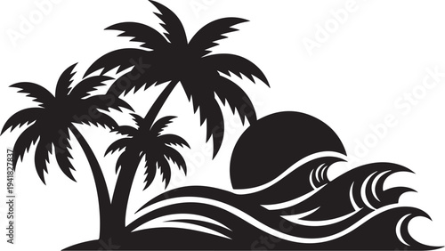 Black Silhouette of Palm Trees by Ocean Waves Sunset