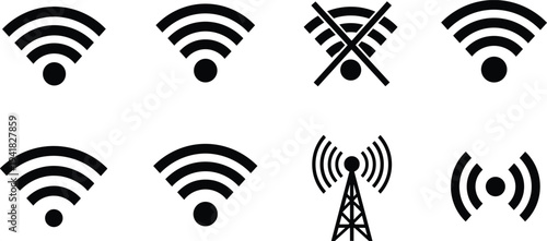 Wireless connectivity icons vector illustration showing wifi signal strength, no connection, radio tower, broadcasting waves, digital network communication technology interface design graphic