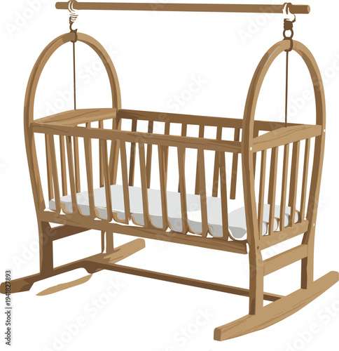 Wooden baby cradle illustration, traditional rocking crib furniture, newborn sleeping bed, nursery equipment icon, infant bassinet design, childcare furniture isolated vector