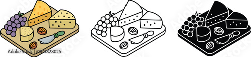 Cheese Platter silhouette & Outline and illustration set isolated on transparent background