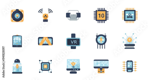 Collection of modern technology and digital icons.