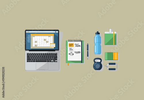 Vector Ilustration Flat Design Idea Laptop Calendar Planner Fitness Gear Organization Tools.