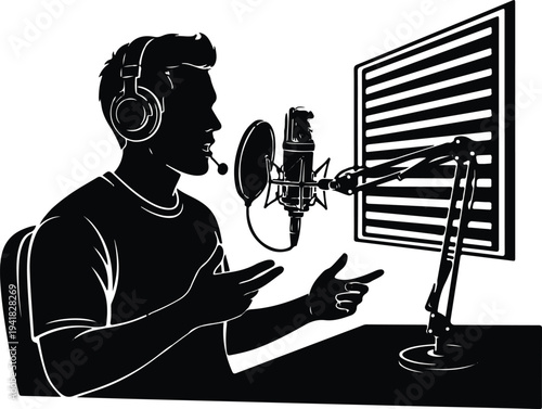 A podcaster records with a microphone and headphones bold silhouette