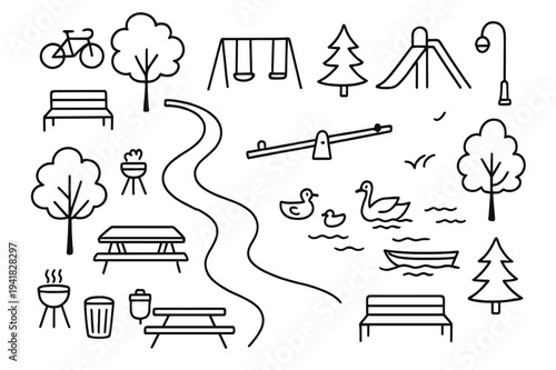 Park Doodle Illustration. park landscape. Hand-drawn doodle illustration park landscape trees, benches, swings, slides, seesaws, playgrounds, walking paths,