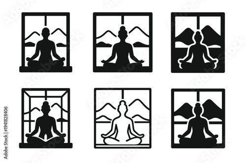 Yoga Logo Variations. A person performing yoga poses in front of a window with a beautiful view. Icon set. Set Logo of yoga scene: seated lotus pose facing