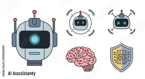 AI Robot Head Brain and Security Shield Icons.
