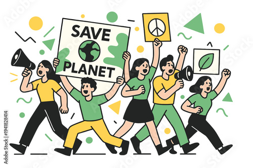 Vibrant Environmental March. Environmental Protests. Wide view of environmental march with banners, megaphones, and floating abstract geometric shapes,