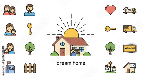 Dream Home Icon with Rising Sun and Family Inside Representing Homeownership.