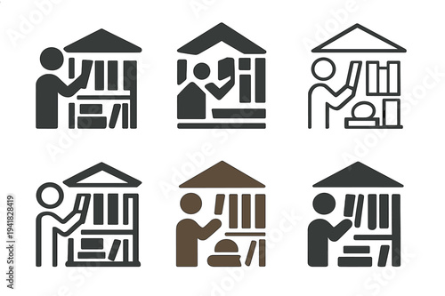 Library Logo Designs. Librarians organizing books and resources. Icon set. Set Logo of Librarians organizing books and resources: library building facade.
