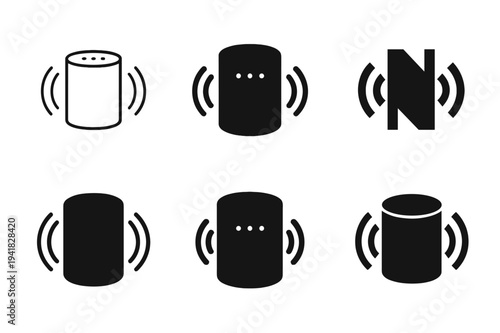 Voice Tech Icon Set. Voice-enabled technology. Icon set. Set Logo of Voice-enabled technology: smart speaker cylinder with sound waves. harmonious logo