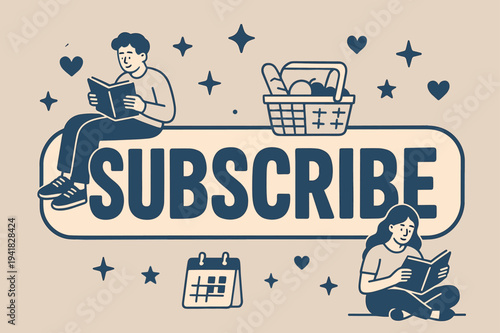Subscribe Banner Design. SUBSCRIBE banner, flat vector illustration, bold oversized text inside sticker outline, cartoon characters sitting and reading