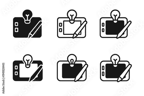 Creative Workspace Logos. Creative workspace setups that spark inspiration. Icon set. Set Logo of creative workspace setups that spark inspiration: sketch