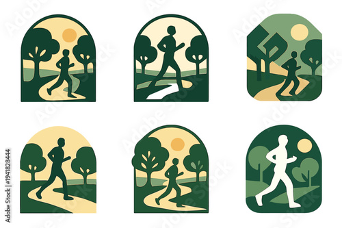 Morning Jog Logos. A person jogging in the park during the early morning, surrounded by nature. Icon set. Set Logo of a person jogging in the park during the