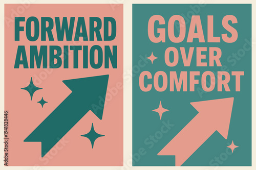 Retro Banners with Arrows. Forward ambition. Two vertical A6 banners with safe margins, centered composition, no elements touching edges, retro, pink and teal,