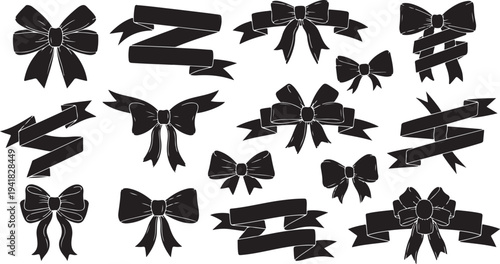 Collection of black ribbons and bows on white background