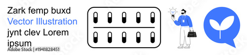 Healthcare, medication, innovation, eco-friendly practices, productivity, brainstorming. Pill pack, person with lightbulb green plant in speech bubble. Healthcare and innovative ideas symbolic