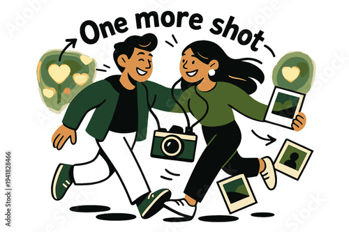 Retro Camera Adventure. Film camera stroll. A retro camera hangs between them as streetlights blur into bokeh hearts; frames float like stepping stones. ?One