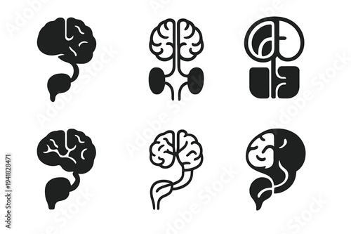 Brain-Illness Connection Icons. The connection between the brain and chronic illness. Icon set. Set Logo of The connection between the brain and chronic