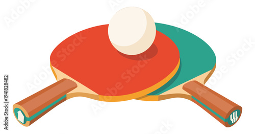 Table tennis rackets illustration, ping pong paddles with ball isolated on white background symbolizing table tennis sport equipment and recreational game.