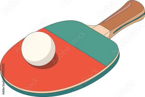 Table tennis rackets illustration, two ping pong paddles holding a ball isolated on white background representing sport equipment and indoor game activity.