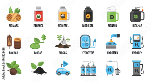 Colorful Icons Depicting Renewable Energy Sources and Fuels.