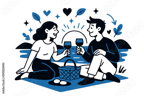 Romantic Lakeside Picnic. A couple having a picnic by the lake, relaxing and enjoying the outdoors. Pair enjoying sunset by the lake with picnic basket and