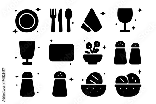 Table Setting Icons. Setting the Table. Solid icons set of Setting the Table: plate, fork, knife, spoon, napkin, wine glass, water glass, placemat,
