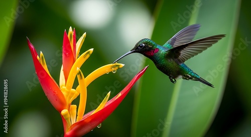 Vibrant hummingbird feeding from colorful tropical flower in lush garden