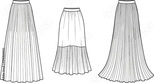 Cad drawing flat vector illustration of women's long pleated maxi skirt and tiered A-line floor length skirt technical sketch template