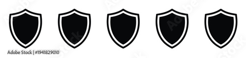 Collection of Shield Protection Silhouette Icon Vector Set, black security illustrations isolated for logo design, featuring shields, protective symbols, and defense icons ideal for cybersecurity, 