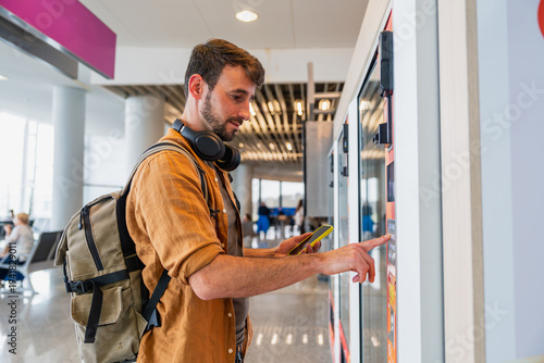 Photos Male traveler making purchase at airport vending machine