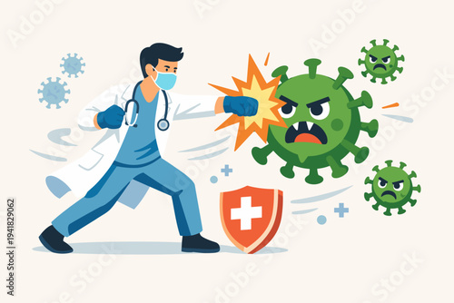 Medical professional doctor wearing a face mask and gloves punching a giant coronavirus molecule, flat vector illustration of healthcare hero fighting COVID-19 pandemic with a protective shield.