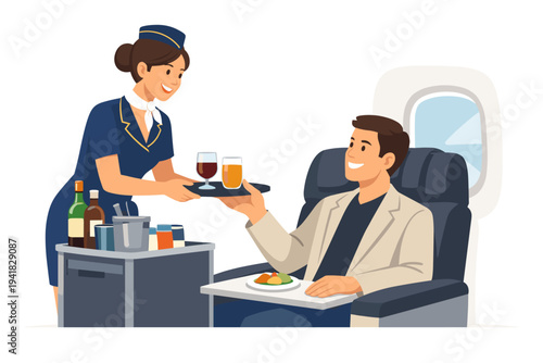Flight Attendant Serving Drinks to a Happy Male Passenger in a First Class Airplane Cabin, Stewardess Offering Wine and Juice from a Service Cart, Simple Flat Vector Travel Illustration Design