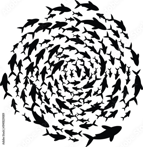 School of Fish Swimming in Swirl Pattern Silhouette