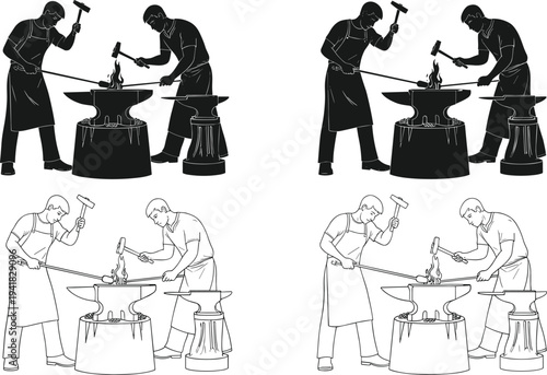 Blacksmiths working at forge with hammer and anvil, silhouette and line art vector illustration, traditional craftsmanship artwork, metalworking cultural design