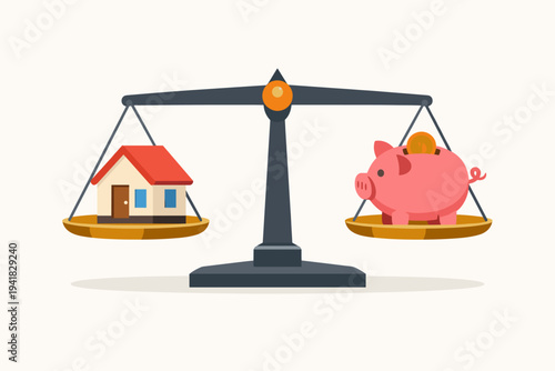 Flat vector illustration of a balance scale with a house and a piggy bank, representing real estate investment, mortgage savings, financial planning, home ownership costs, and property value.
