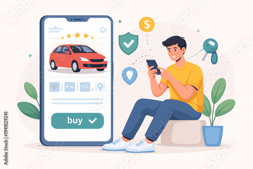 Young man using a mobile application to buy a car online, flat vector illustration of digital automotive marketplace with smartphone, red vehicle, secure payment, and car key icons on white.