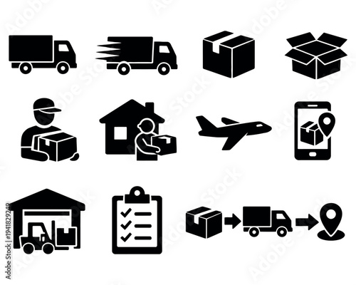 logistics solid icon set. Delivery, freight, transport icons solid collection