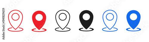 Location pin with circle, line and solid style icon. Red and blue map pin location icon line set. Editable line width