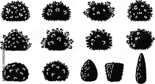Bush and shrub silhouette illustration, twelve plant shapes in grid, landscaping vegetation artwork, black and white vector, decorative garden foliage drawing