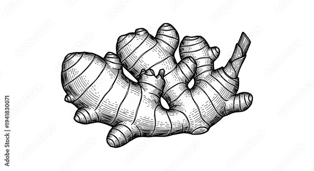 Fototapeta premium Detailed black and white illustration of fresh ginger root on white background