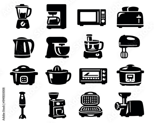 Black silhouettes of kitchen appliances icons set on white background. concept of cooking tools, household electronics, kitchen devices, culinary equipment, design elements