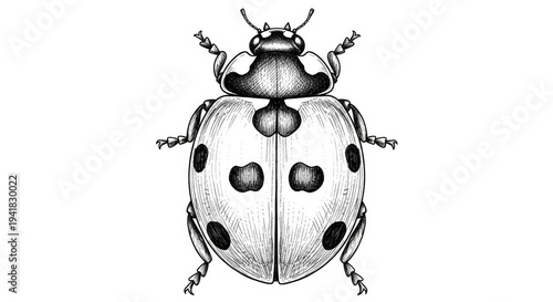 Detailed black and white illustration of a ladybug insect with spotted wings