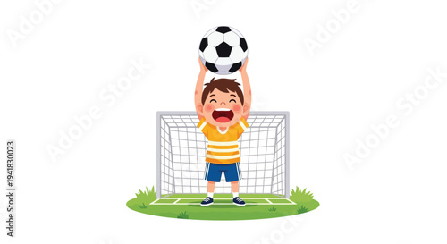 Young boy celebrates scoring a goal with a soccer ball