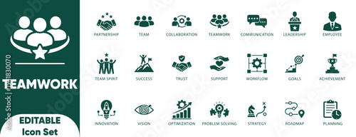 teamwork icon set. collaboration, leadership, management, partnership, strategy, success, and icons.