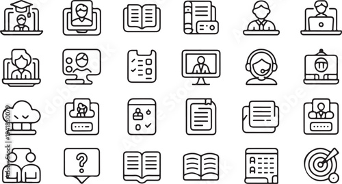 Set of black and white representing education and online learning concepts graduation cap