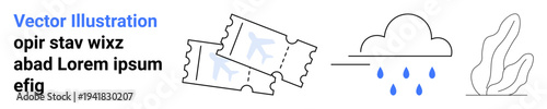 Event planning, weather forecasting, eco-awareness, ticket sales, minimal design, decor . Two ticket stubs, a cloud raining drops and a plant figure. Event planning and weather forecasting concepts