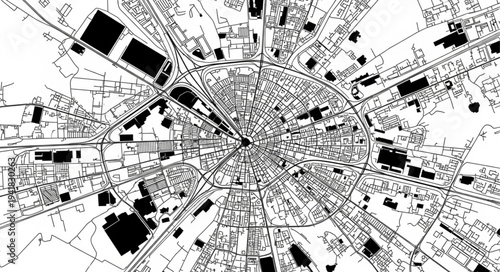 Detailed Black and White City Plan with Radial Streets.