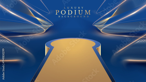 Empty podium golden on blue background with light neon effects with bokeh decorations. Luxury scene design concept. Vector illustrations.