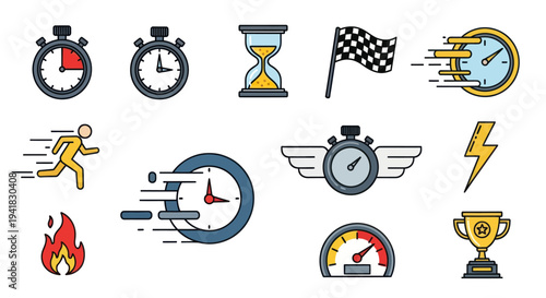 A colorful collection of flat line art icons representing concepts of speed time and racing.